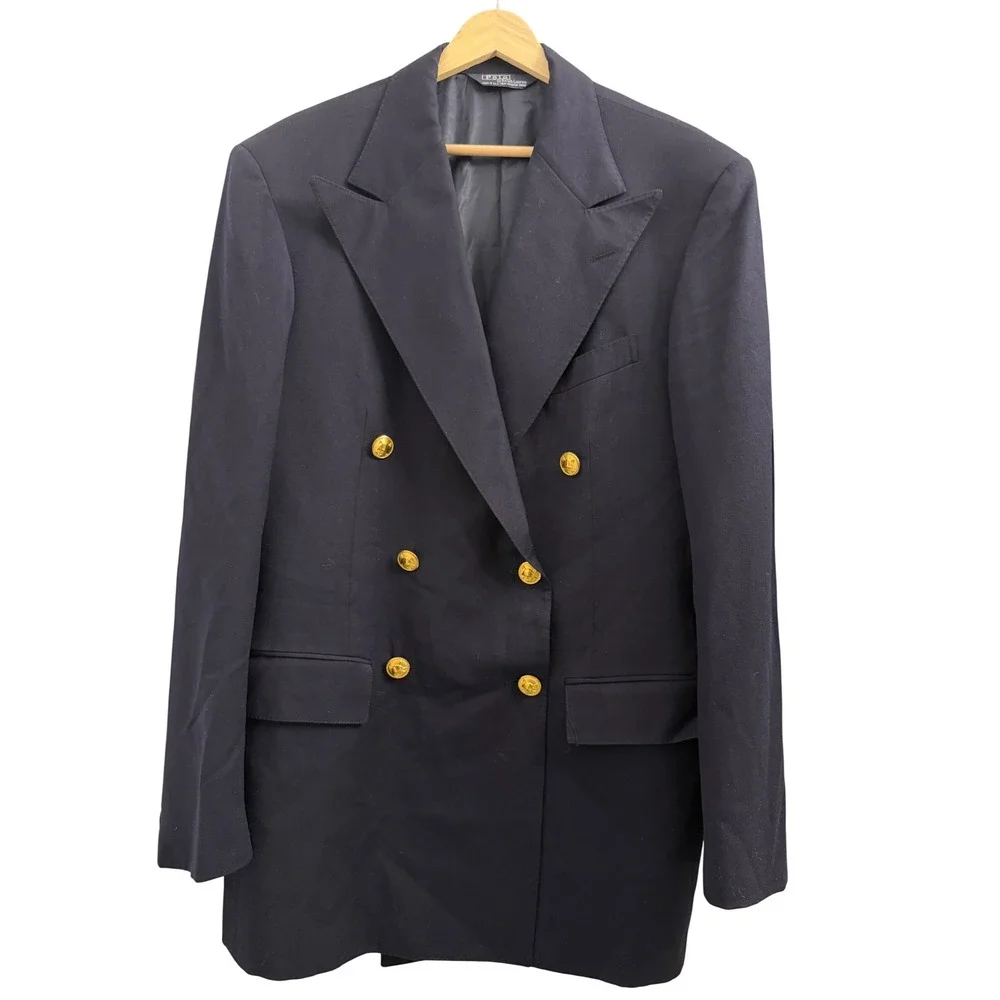 Polo Ralph Lauren Mens Navy Wool Double Breasted Blazer Gold Buttons 40L USA